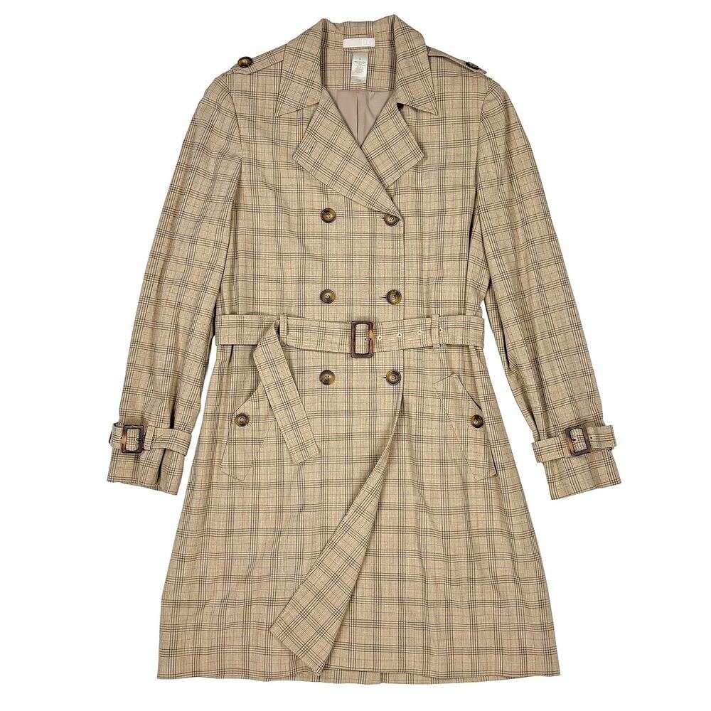 LIZ Claiborne Plaid Trench Coat Women M Beige Double Breasted Viscose Wool Y2K